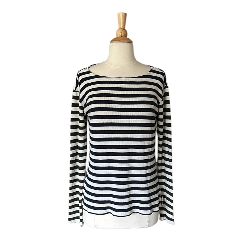 MICHAEL STARS Classic Blue & Beige‎ Striped Top Elbow Patch Casual French Girl